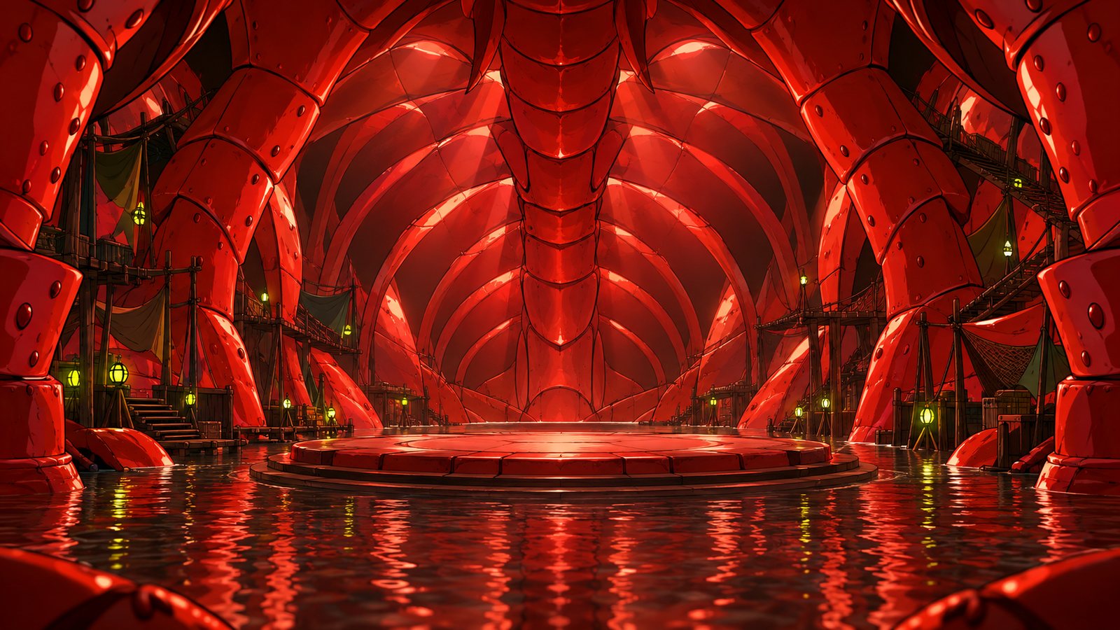 Inside Lobin: a red shell cathedral with a stage